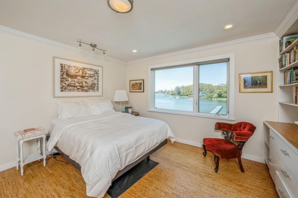 Bedroom, Interior, Recessed Lighting, Water, Wood Texture Flooring