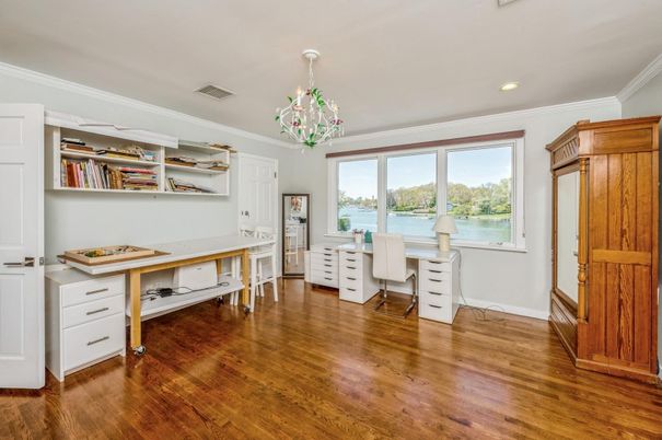 Chandelier, Home Office, Interior, Recessed Lighting, Wood Texture Flooring