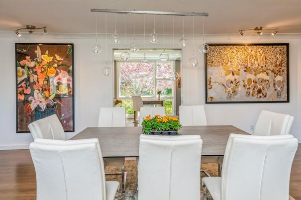 Dining room, Interior, Pendant Lights, Wood Texture Flooring