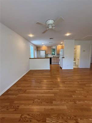 Empty room, Interior, Kitchen, Recessed Lighting, Wood Texture Flooring