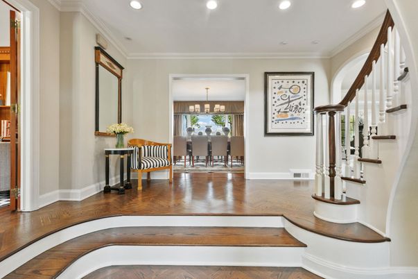 Dining room, Interior, Pendant Lights, Recessed Lighting, Wood Texture Flooring