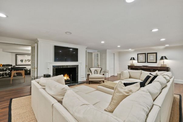 Dining room, Fireplace, Interior, Living room, Recessed Lighting, Wood Texture Flooring