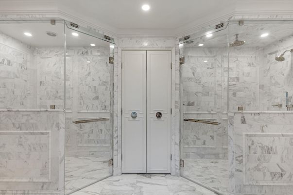 Bathroom, Glass Shower, Interior, Marble, Marble Walls, Recessed Lighting