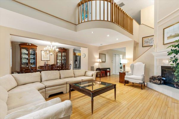 Chandelier, Dining room, Fireplace, Interior, Living room, Recessed Lighting, Wood Texture Flooring