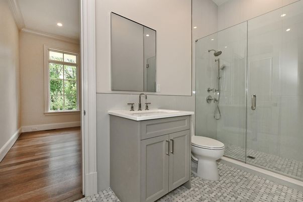 Bathroom, Glass Shower, Interior, Recessed Lighting, Wood Texture Flooring
