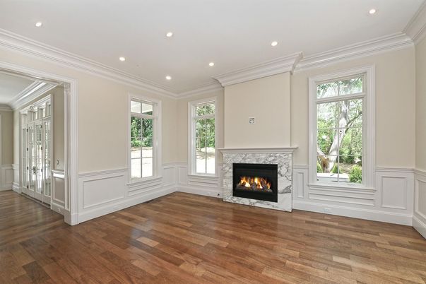Empty room, Fireplace, Interior, Recessed Lighting, Wood Texture Flooring