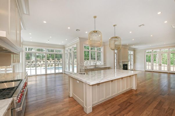 Chandelier, Fireplace, Interior, Kitchen, Pendant Lights, Recessed Lighting, Wood Texture Flooring