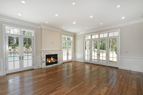 Empty room, Fireplace, Interior, Recessed Lighting, Wood Texture Flooring