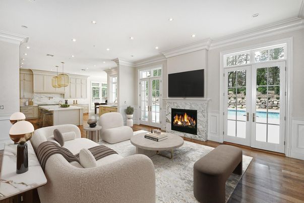 Fireplace, Interior, Kitchen, Living room, Pendant Lights, Recessed Lighting, Wood Texture Flooring