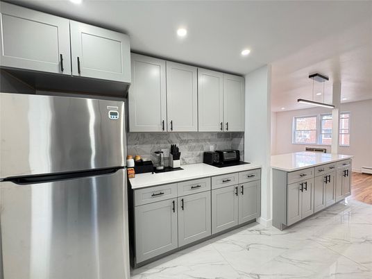 Interior, Kitchen, Marble, Pendant Lights, Recessed Lighting, Stainless Steel Appliances