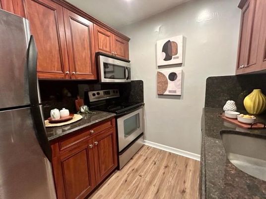 Interior, Kitchen, Recessed Lighting, Stainless Steel Appliances, Wood Texture Flooring