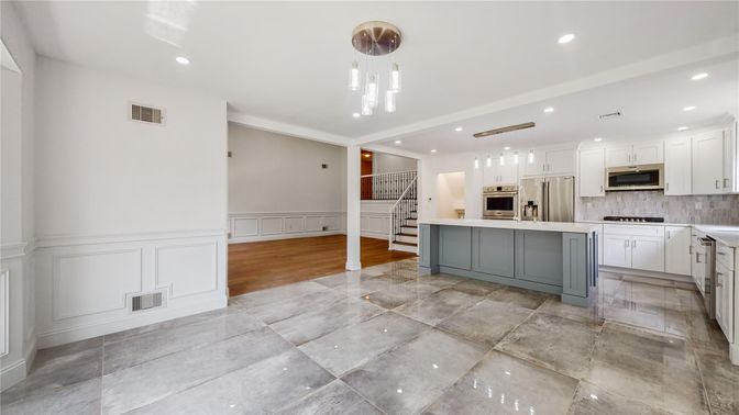 Interior, Kitchen, Pendant Lights, Recessed Lighting, Stainless Steel Appliances, Wood Texture Flooring