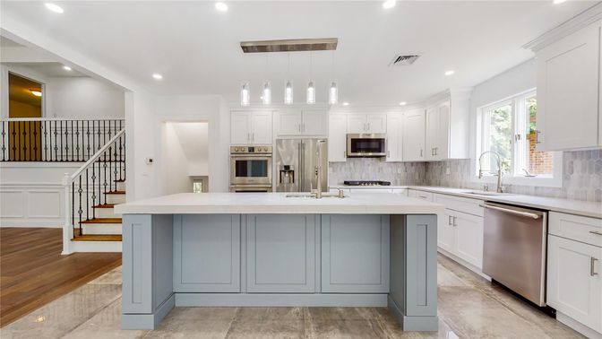 Interior, Kitchen, Pendant Lights, Recessed Lighting, Stainless Steel Appliances, Wood Texture Flooring