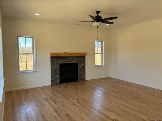 Empty room, Fireplace, Interior, Recessed Lighting, Wood Texture Flooring