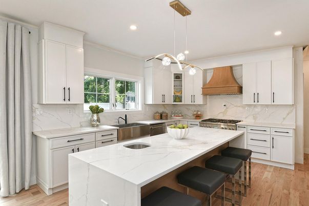 Interior, Kitchen, Marble Walls, Pendant Lights, Recessed Lighting, Stainless Steel Appliances, Wood Texture Flooring