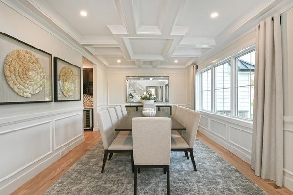 Dining room, Interior, Recessed Lighting, Wood Texture Flooring