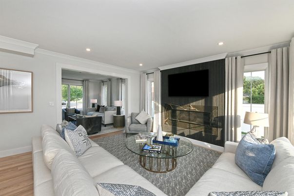 Fireplace, Interior, Living room, Recessed Lighting, Wood Texture Flooring
