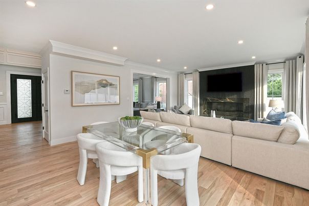 Dining room, Fireplace, Interior, Living room, Recessed Lighting, Wood Texture Flooring