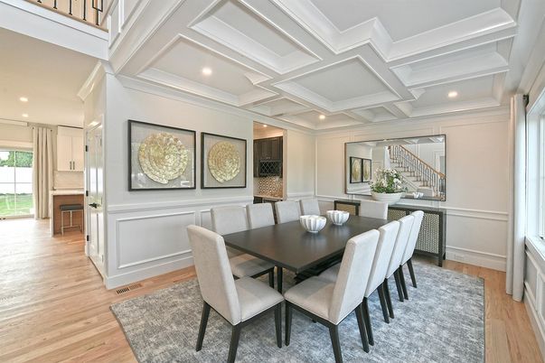 Dining room, Interior, Recessed Lighting, Wood Texture Flooring