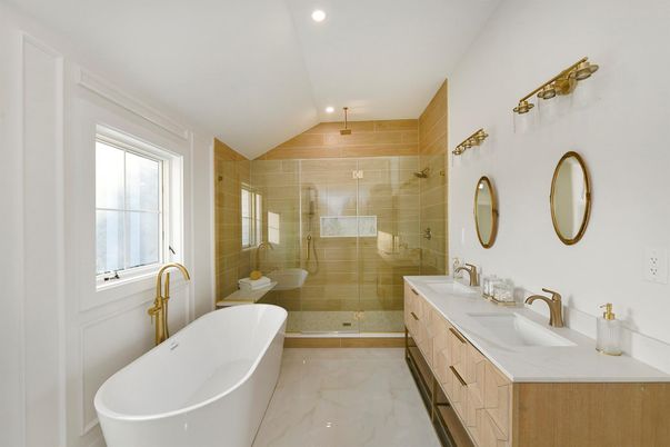 Bathroom, Dual Sink Vanities, Free Standing Baths, Glass Shower, Interior, Marble, Recessed Lighting