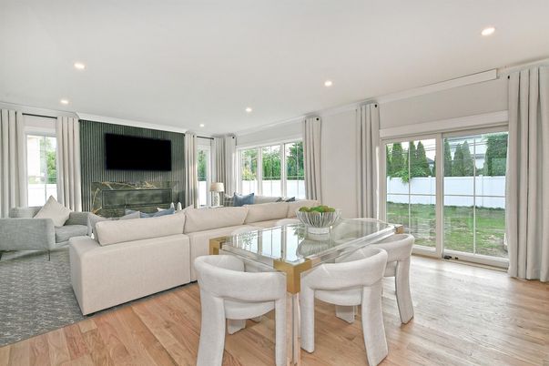 Dining room, Fireplace, Interior, Living room, Recessed Lighting, Wood Texture Flooring