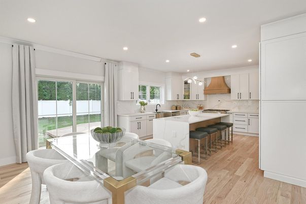 Dining room, Interior, Kitchen, Marble Walls, Pendant Lights, Recessed Lighting, Wood Texture Flooring