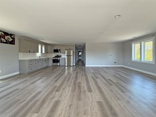 Empty room, Interior, Kitchen, Recessed Lighting, Stainless Steel Appliances, Wood Texture Flooring