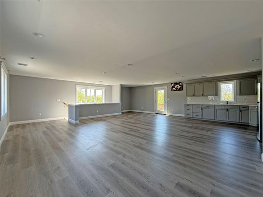 Empty room, Interior, Kitchen, Recessed Lighting, Wood Texture Flooring