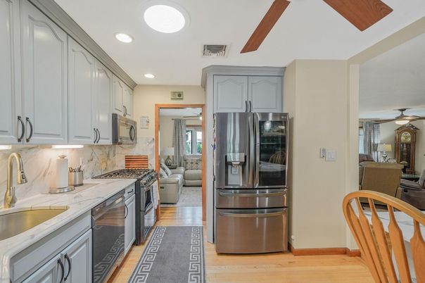 Interior, Kitchen, Living room, Recessed Lighting, Stainless Steel Appliances, Wood Texture Flooring