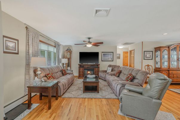 Fireplace, Interior, Living room, Recessed Lighting, Wood Texture Flooring