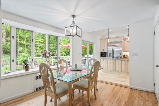 Dining room, Interior, Kitchen, Pendant Lights, Stainless Steel Appliances, Wood Texture Flooring