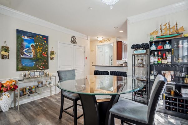 Dining room, Interior, Recessed Lighting, Wood Texture Flooring