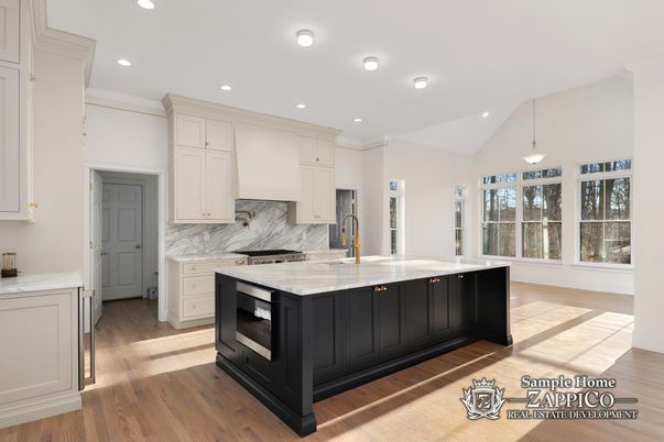 Interior, Kitchen, Marble Walls, Pendant Lights, Recessed Lighting, Wood Texture Flooring