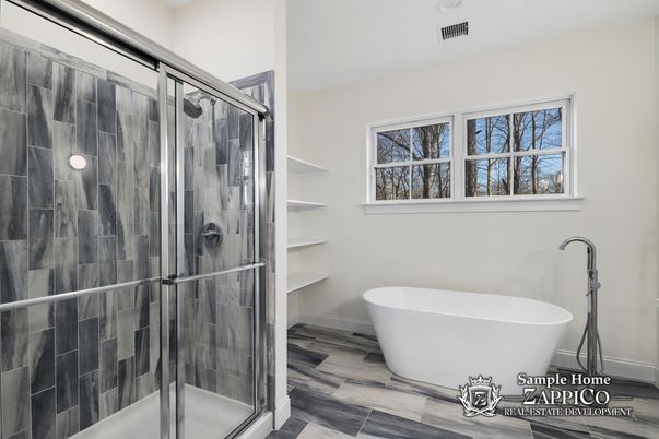 Bathroom, Free Standing Baths, Glass Shower, Interior, Wood Texture Flooring