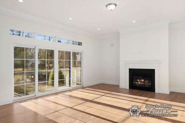 Empty room, Fireplace, Interior, Recessed Lighting, Wood Texture Flooring