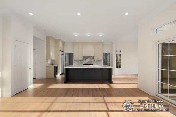 Interior, Kitchen, Marble Walls, Recessed Lighting, Stainless Steel Appliances, Wood Texture Flooring