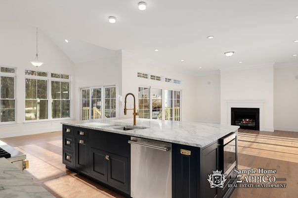Fireplace, Interior, Kitchen, Pendant Lights, Recessed Lighting, Stainless Steel Appliances, Wood Texture Flooring