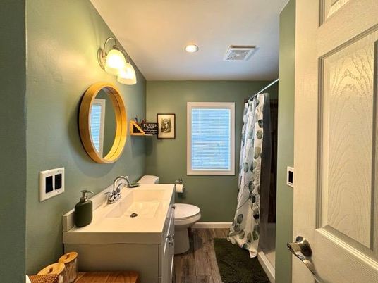 Bathroom, Interior, Recessed Lighting, Wood Texture Flooring
