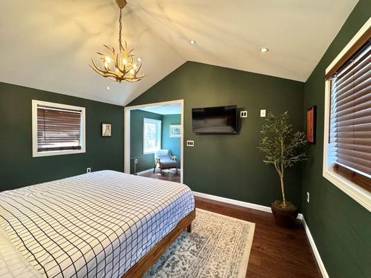 Bedroom, Chandelier, Interior, Recessed Lighting, Wood Texture Flooring