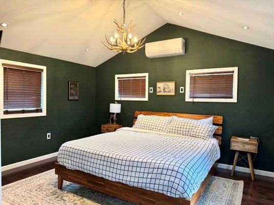 Bedroom, Chandelier, Interior, Recessed Lighting, Wood Texture Flooring