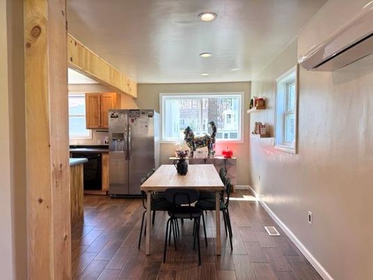 Dining room, Interior, Kitchen, Recessed Lighting, Stainless Steel Appliances, Wood Texture Flooring