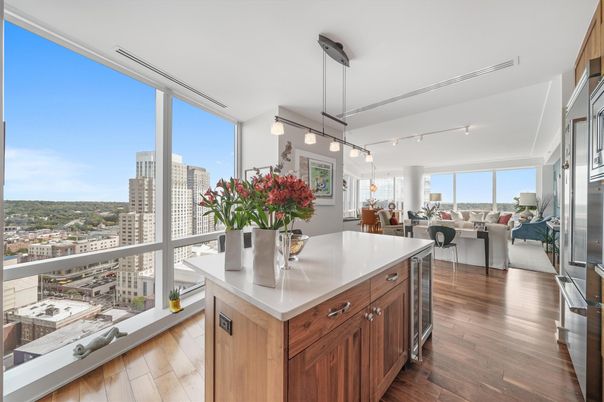 Dining room, Interior, Kitchen, Living room, Pendant Lights, Stainless Steel Appliances, Wood Texture Flooring
