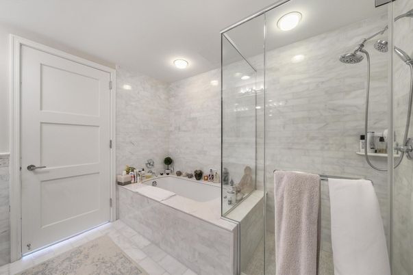 Bathroom, Glass Shower, Interior, Marble Walls, Recessed Lighting
