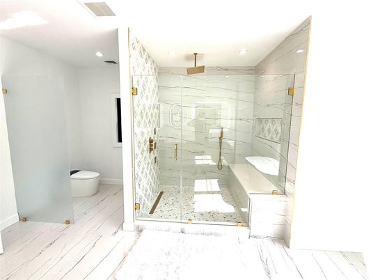 Bathroom, Glass Shower, Interior, Marble, Marble Walls, Recessed Lighting