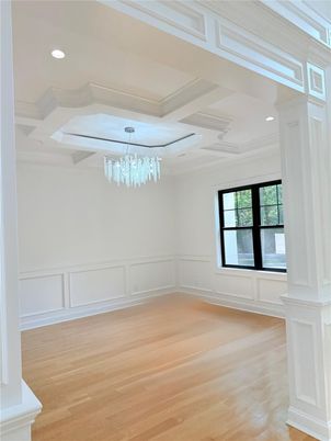 Chandelier, Empty room, Interior, Recessed Lighting, Wood Texture Flooring