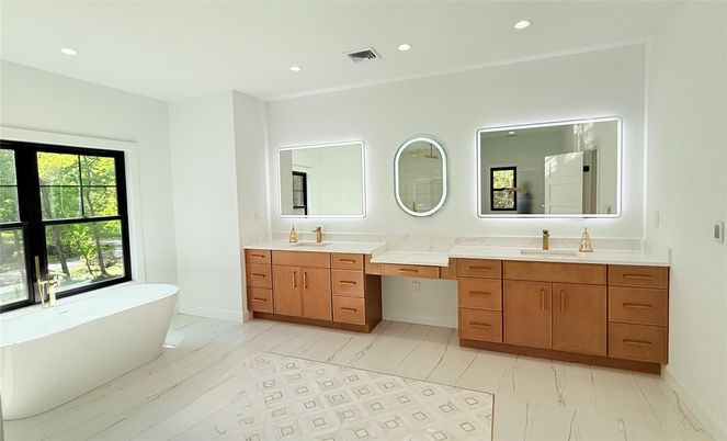 Bathroom, Dual Sink Vanities, Free Standing Baths, Interior, Marble, Recessed Lighting