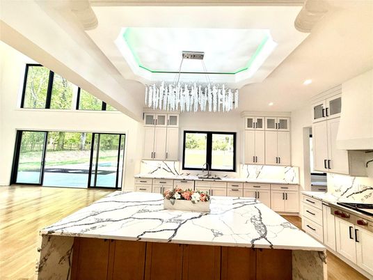 Chandelier, Interior, Kitchen, Recessed Lighting, Stainless Steel Appliances, Wood Texture Flooring