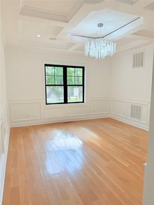 Chandelier, Empty room, Interior, Recessed Lighting, Wood Texture Flooring