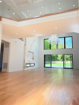 Empty room, Interior, Marble Walls, Recessed Lighting, Wood Texture Flooring