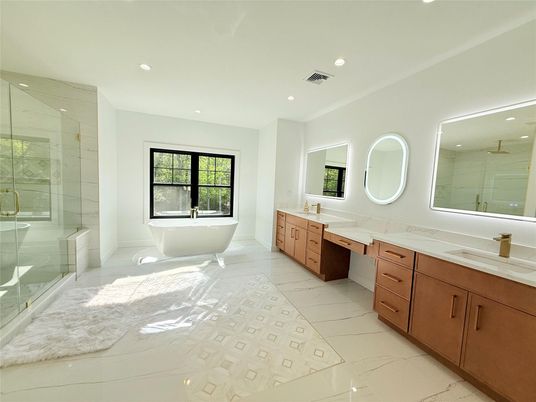 Bathroom, Dual Sink Vanities, Free Standing Baths, Glass Shower, Interior, Marble, Recessed Lighting